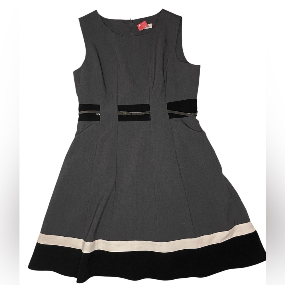 Calvin Klein Round Neck, Color Block, lined A Line, belted-Size 14